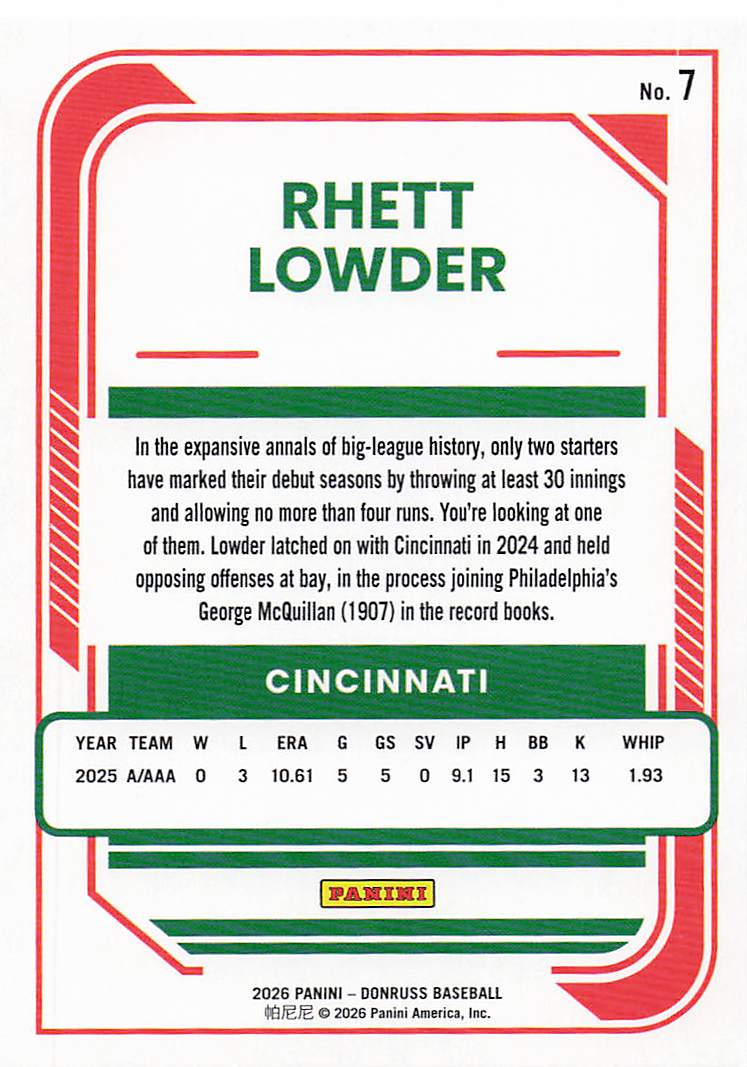 2026 Donruss Baseball Rhett Lowder #7