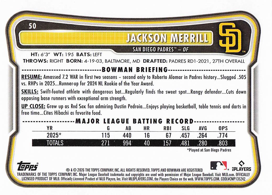 2026 Bowman Baseball Jackson Merrill #50