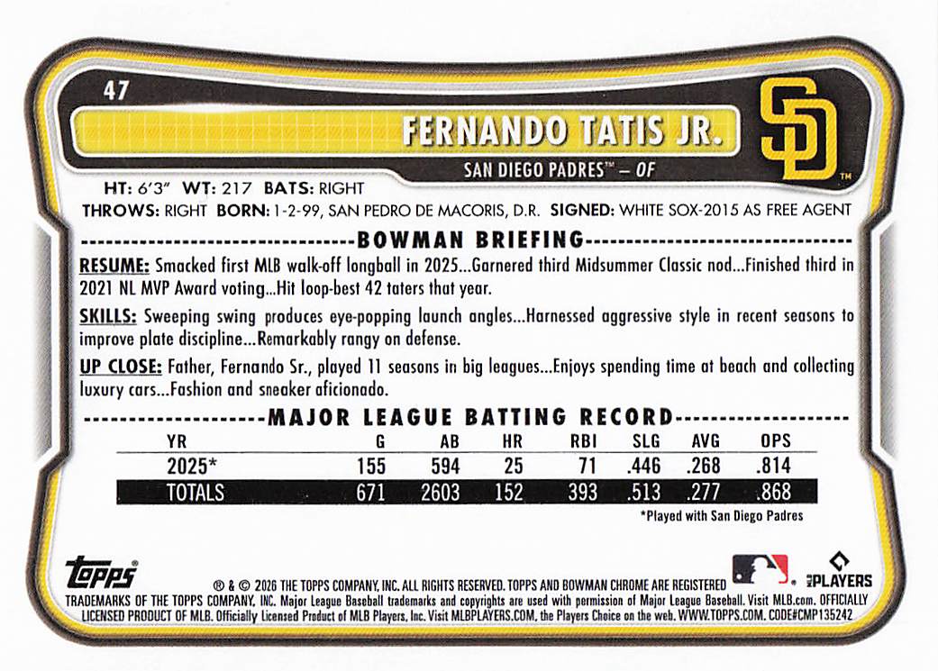 2026 Bowman Baseball Fernando Tatis Jr. #47