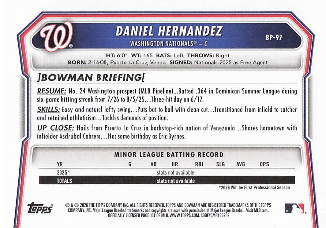 2026 Bowman Baseball Prospects Daniel Hernandez #BP-97