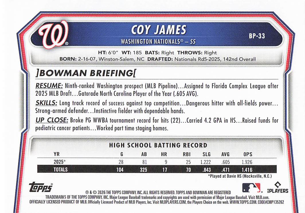 2026 Bowman Baseball Prospects Coy James #BP-33