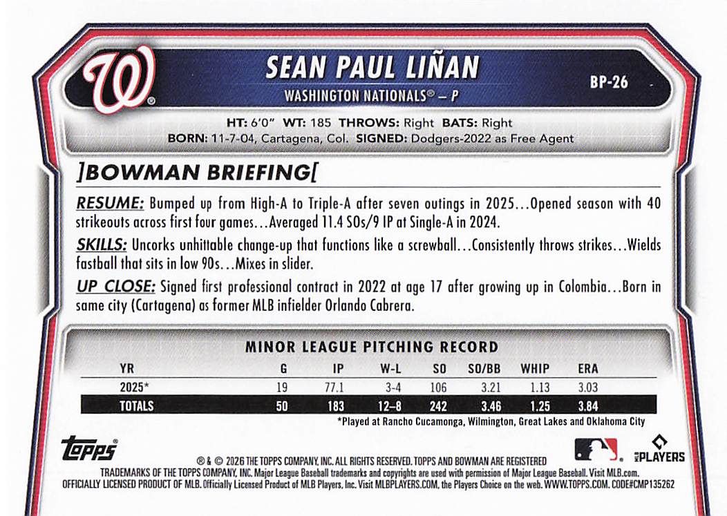 2026 Bowman Baseball Prospects Sean Paul Liñan #BP-26