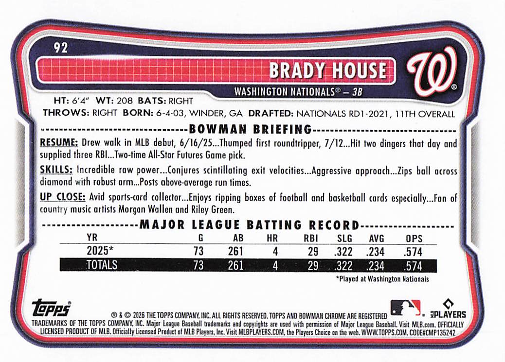 2026 Bowman Baseball Brady House #92 Rookie
