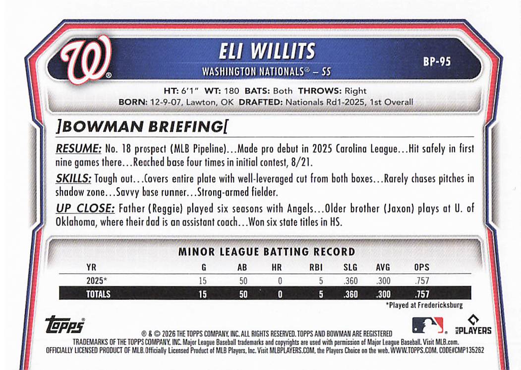 2026 Bowman Baseball Prospects Eli Willits #BP-95