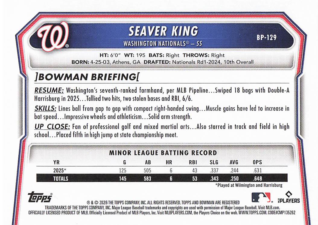 2026 Bowman Baseball Prospects Seaver King #BP-129
