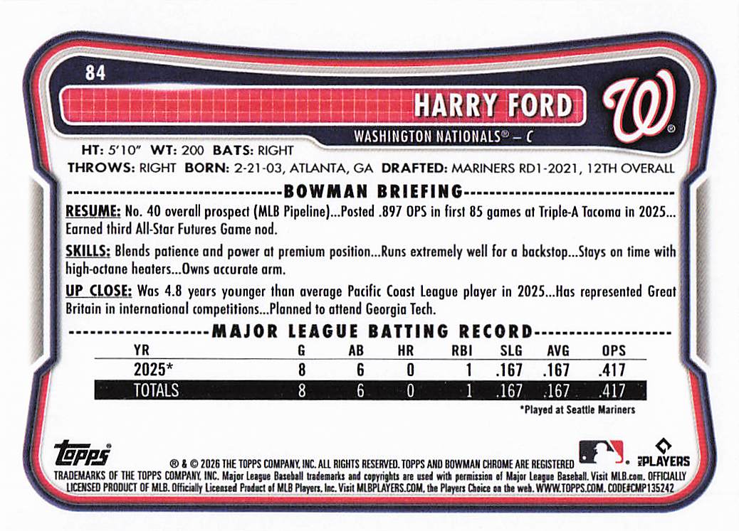 2026 Bowman Baseball Harry Ford #84 Rookie