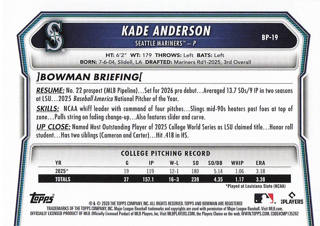 2026 Bowman Baseball Prospects Kade Anderson #BP-19
