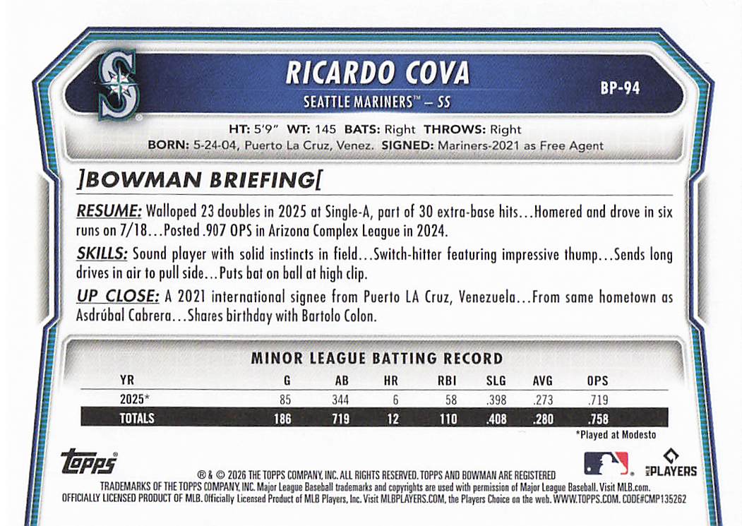 2026 Bowman Baseball Prospects Ricardo Cova #BP-94