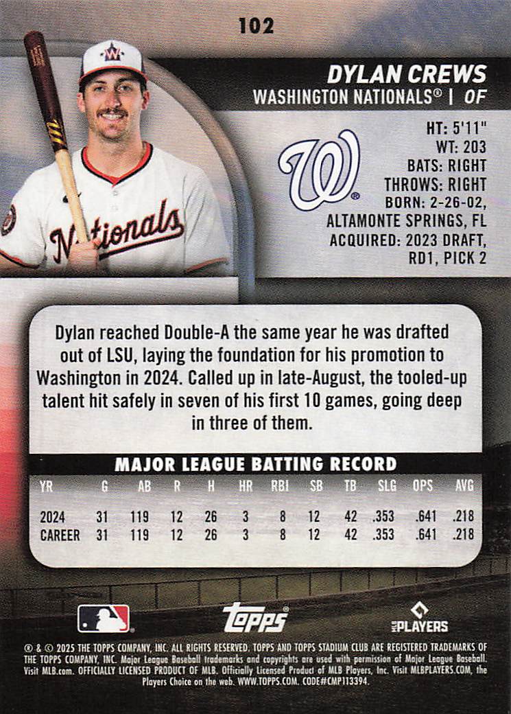 2025 Stadium Club Baseball Dylan Crews #102 Rookie