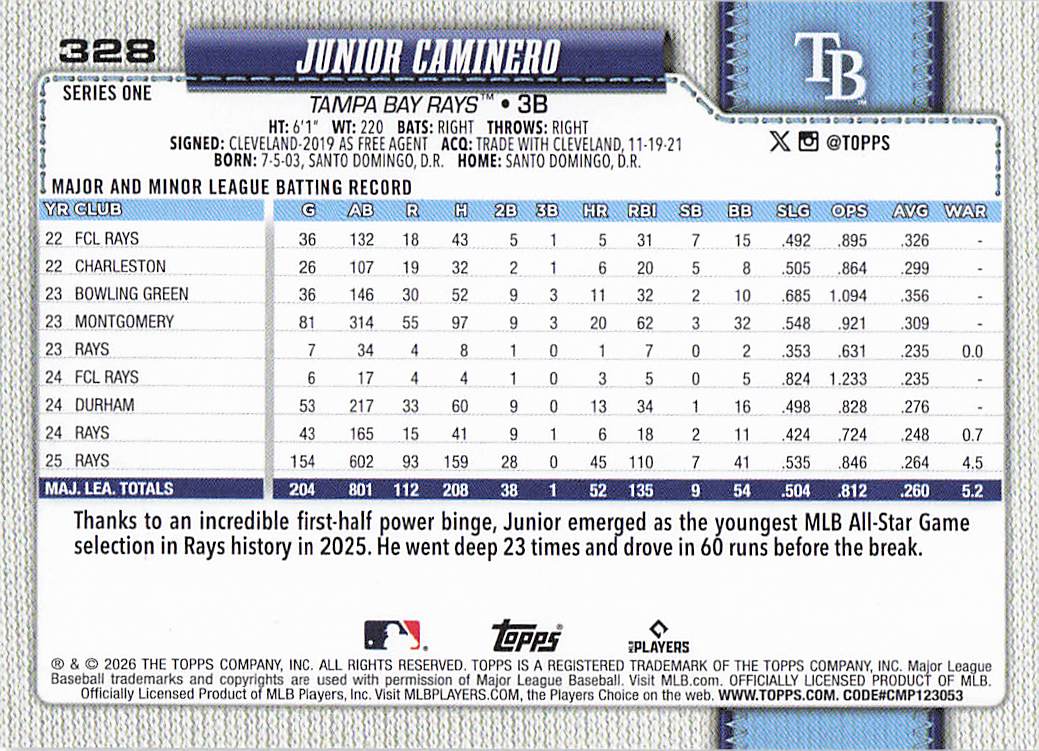 2026 Topps Baseball Rainbow Foil Junior Caminero #328
