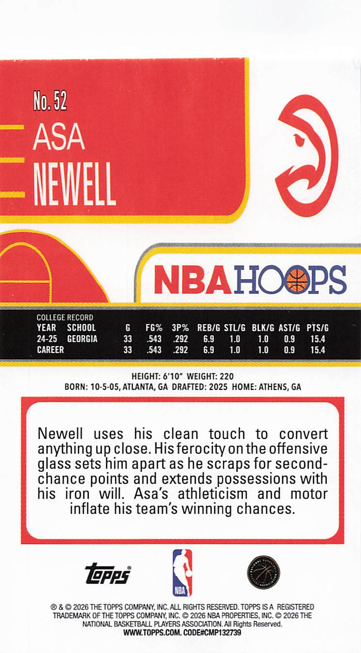 2025-26 Hoops Basketball Asa Newell #52 Rookie