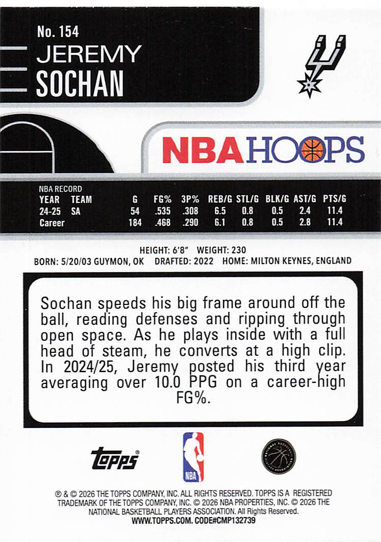 2025-26 Hoops Basketball Jeremy Sochan #154