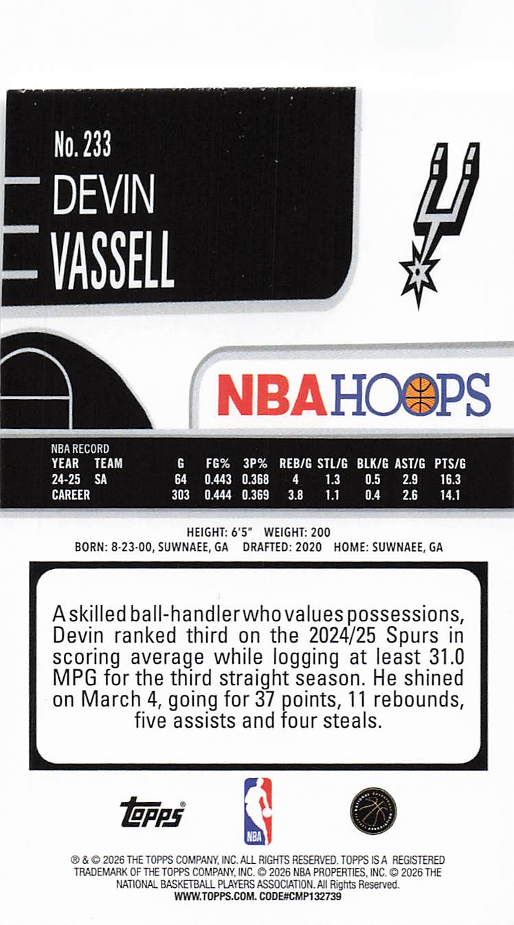 2025-26 Hoops Basketball Devin Vassell #233