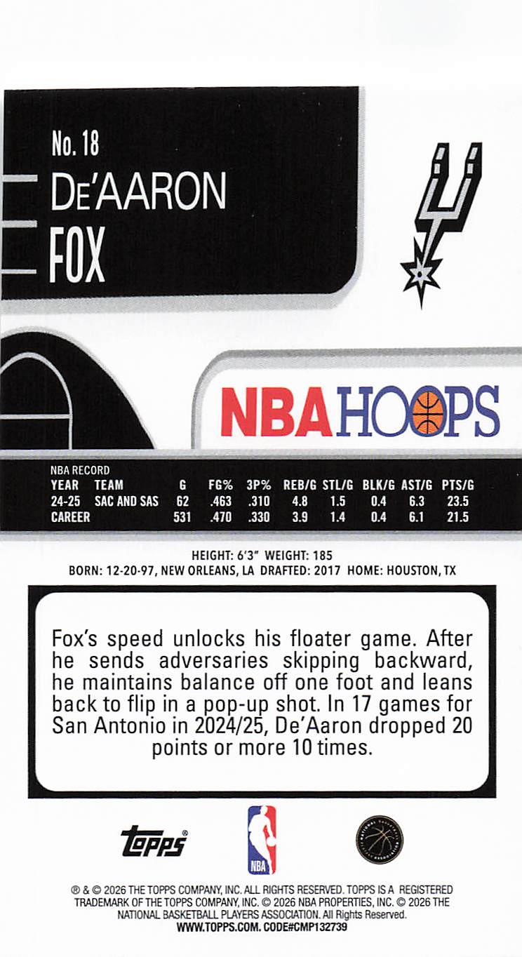 2025-26 Hoops Basketball De'Aaron Fox #18