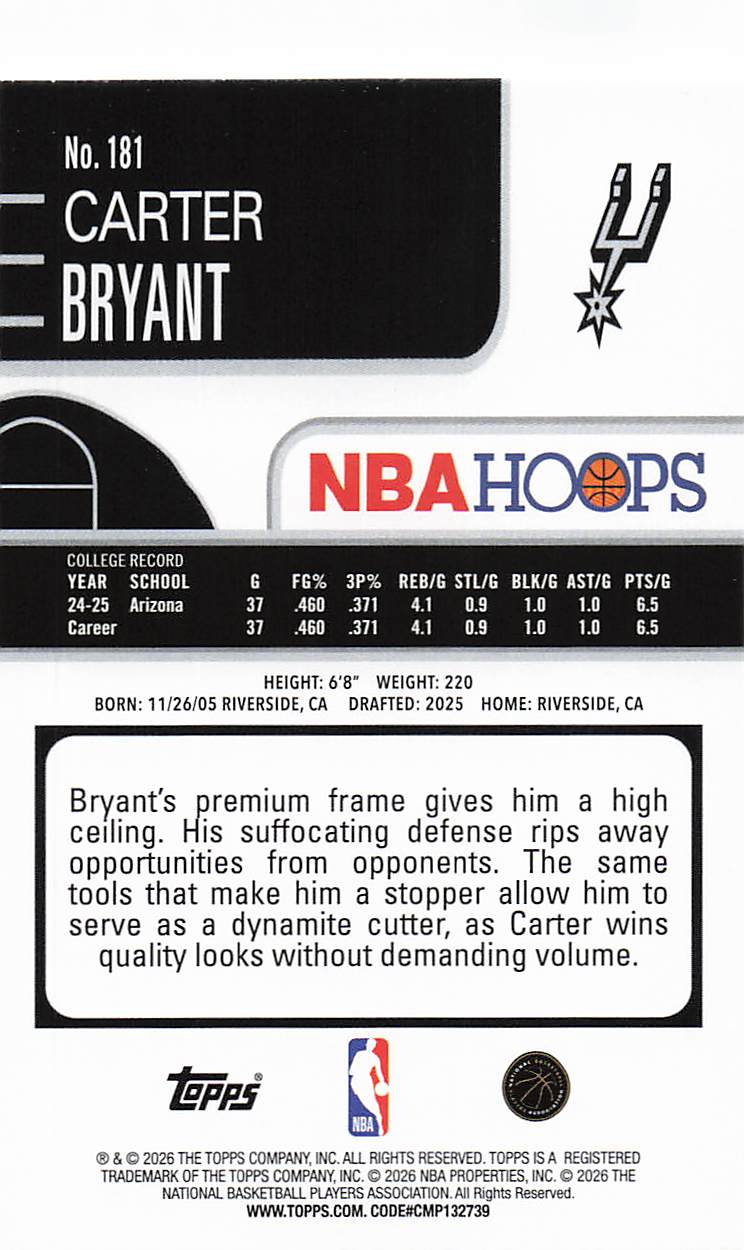 2025-26 Hoops Basketball Carter Bryant #181 Rookie