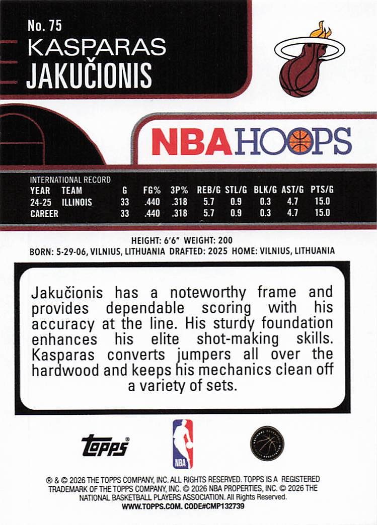 2025-26 Hoops Basketball Kasparas Jaku?ionis #75 Rookie
