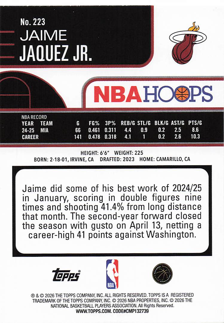 2025-26 Hoops Basketball Jaime Jaquez Jr. #223