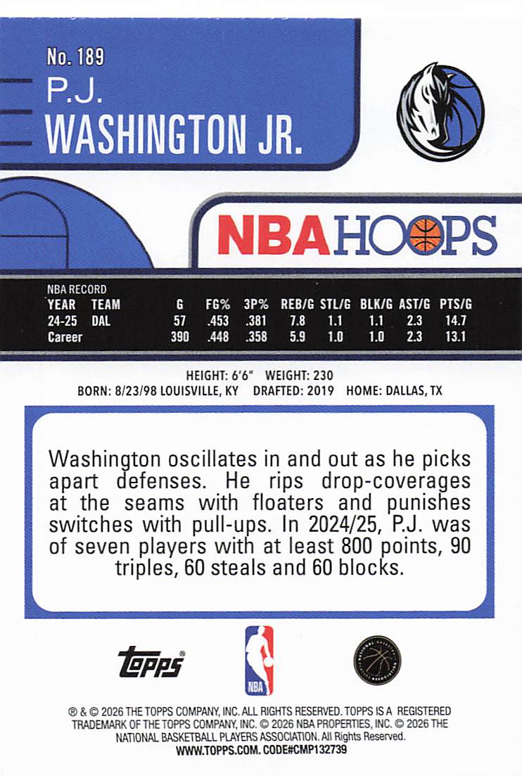 2025-26 Hoops Basketball P.J. Washington Jr. #189