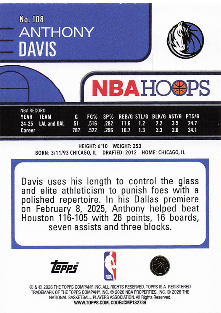 2025-26 Hoops Basketball Anthony Davis #108