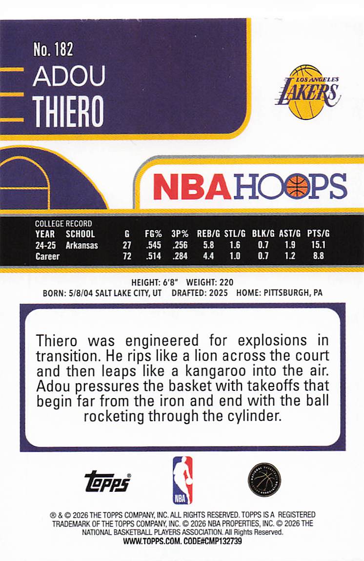 2025-26 Hoops Basketball Adou Thiero #182 Rookie