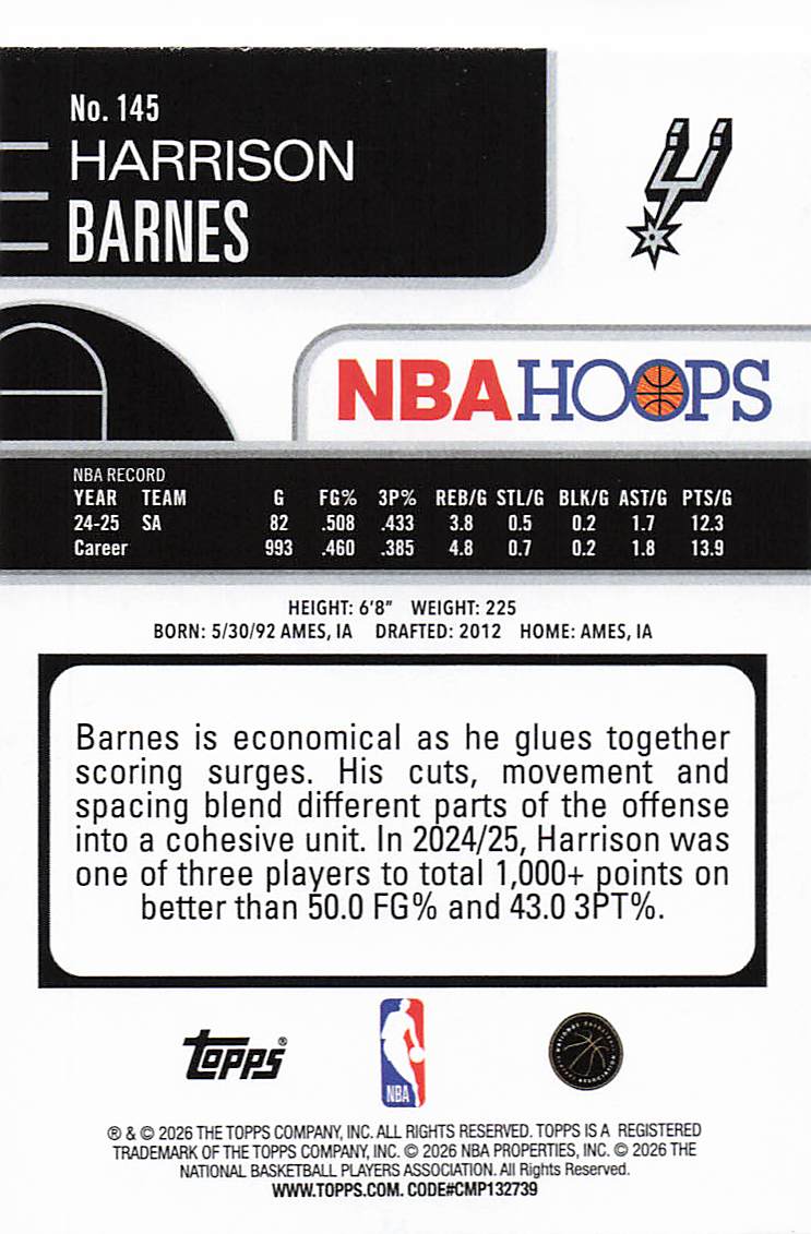 2025-26 Hoops Basketball Harrison Barnes #145