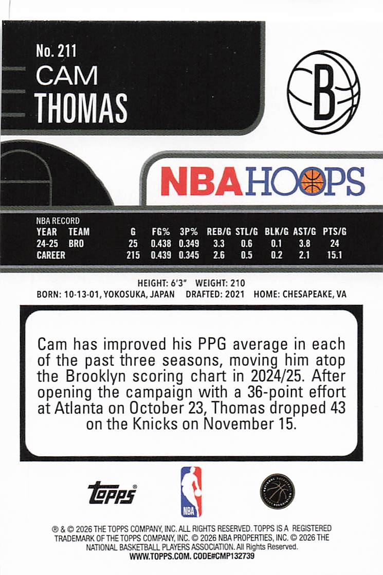 2025-26 Hoops Basketball Cam Thomas #211