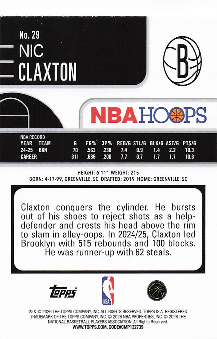 2025-26 Hoops Basketball Nic Claxton #29