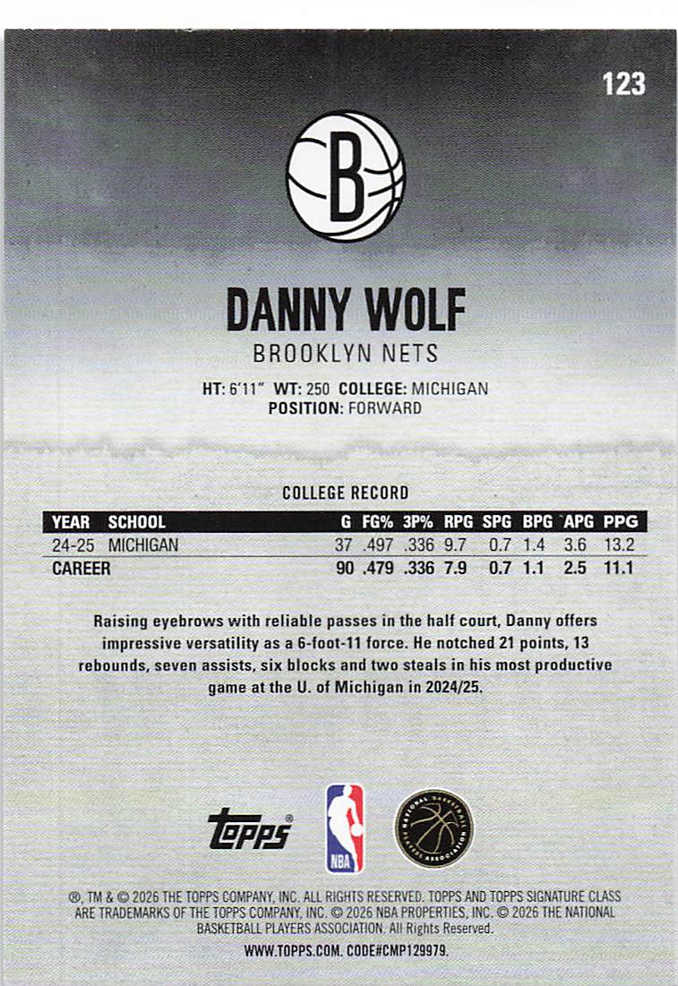 2025-26 Topps Signature Class Basketball Danny Wolf #123 Rookie