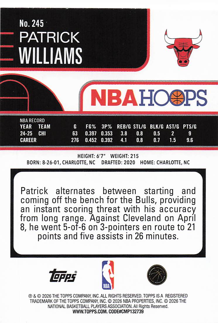 2025-26 Hoops Basketball Patrick Williams #245