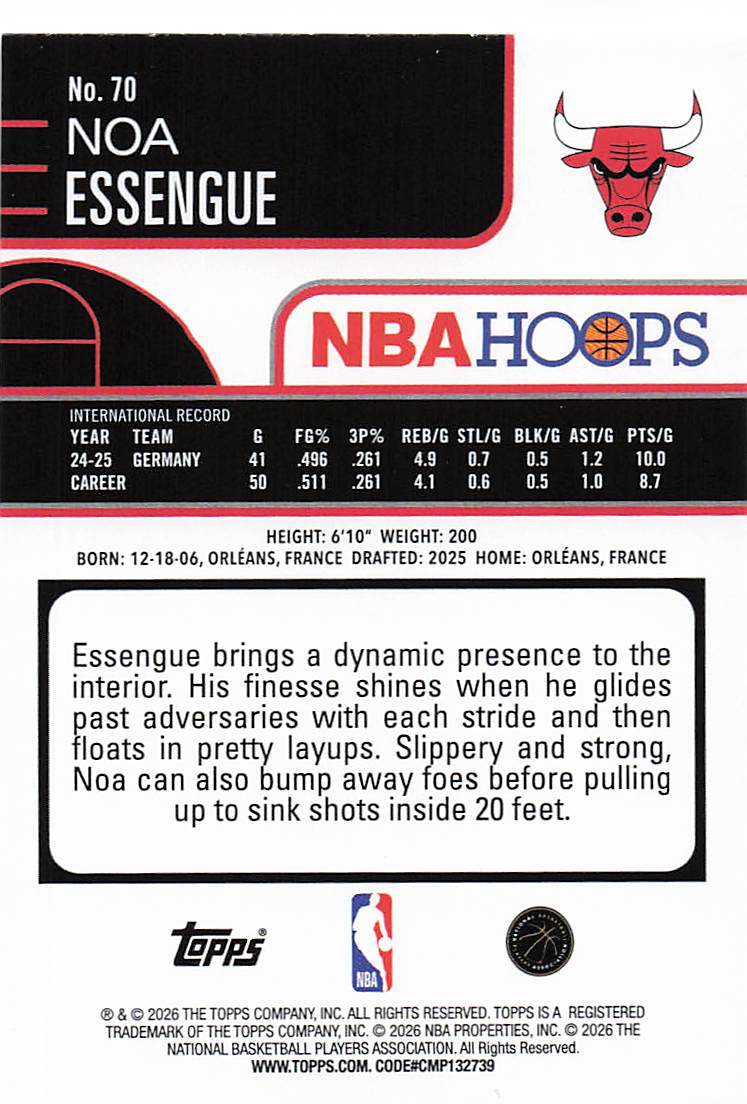 2025-26 Hoops Basketball Noa Essengue #70 Rookie