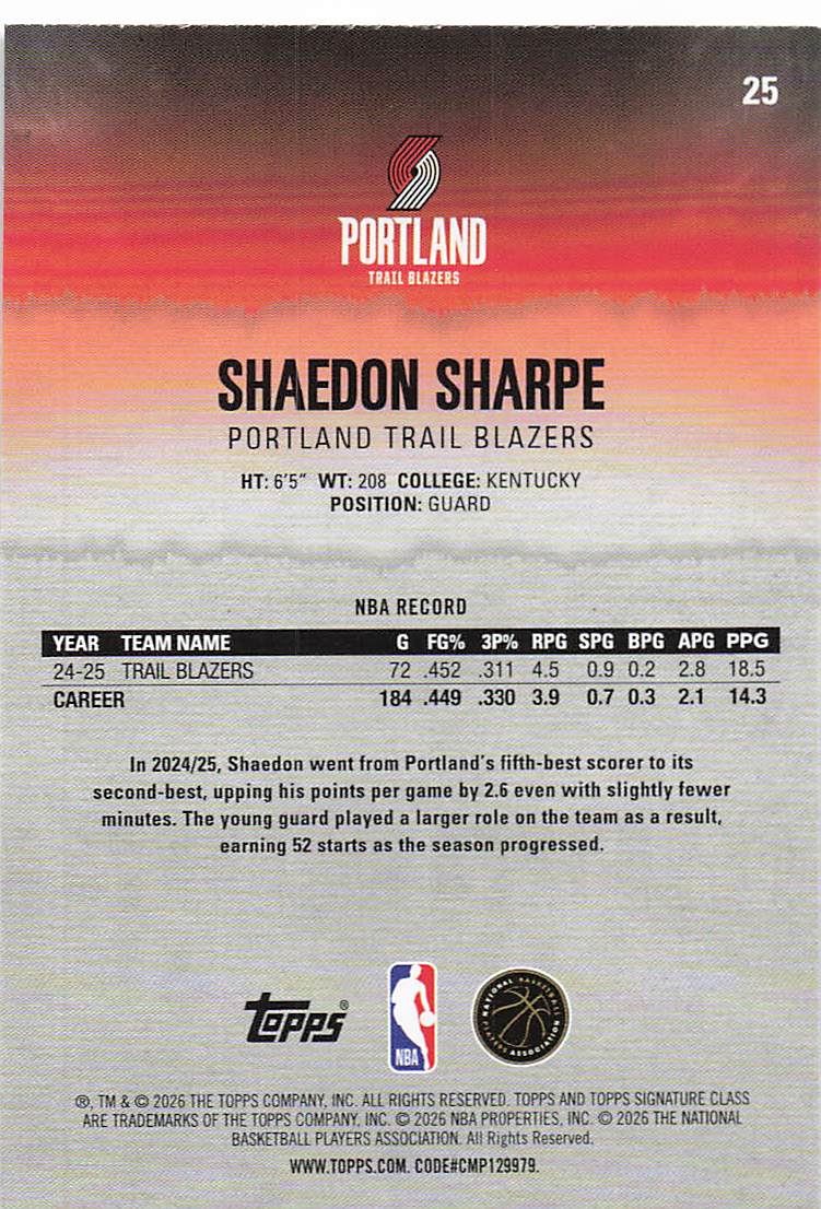 2025-26 Topps Signature Class Basketball Blue & Orange Shaedon Sharpe #25