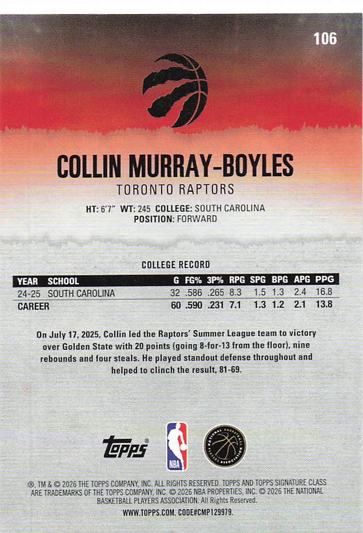 2025-26 Topps Signature Class Basketball Collin Murray-Boyles #106 Rookie