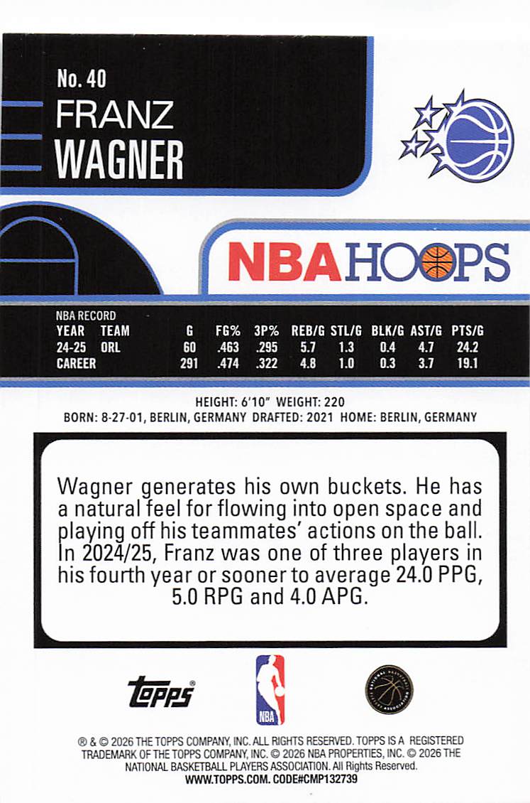 2025-26 Hoops Basketball Franz Wagner #40