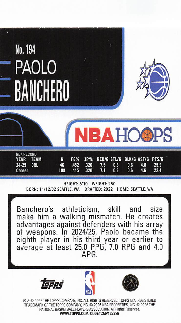 2025-26 Hoops Basketball Paolo Banchero #194