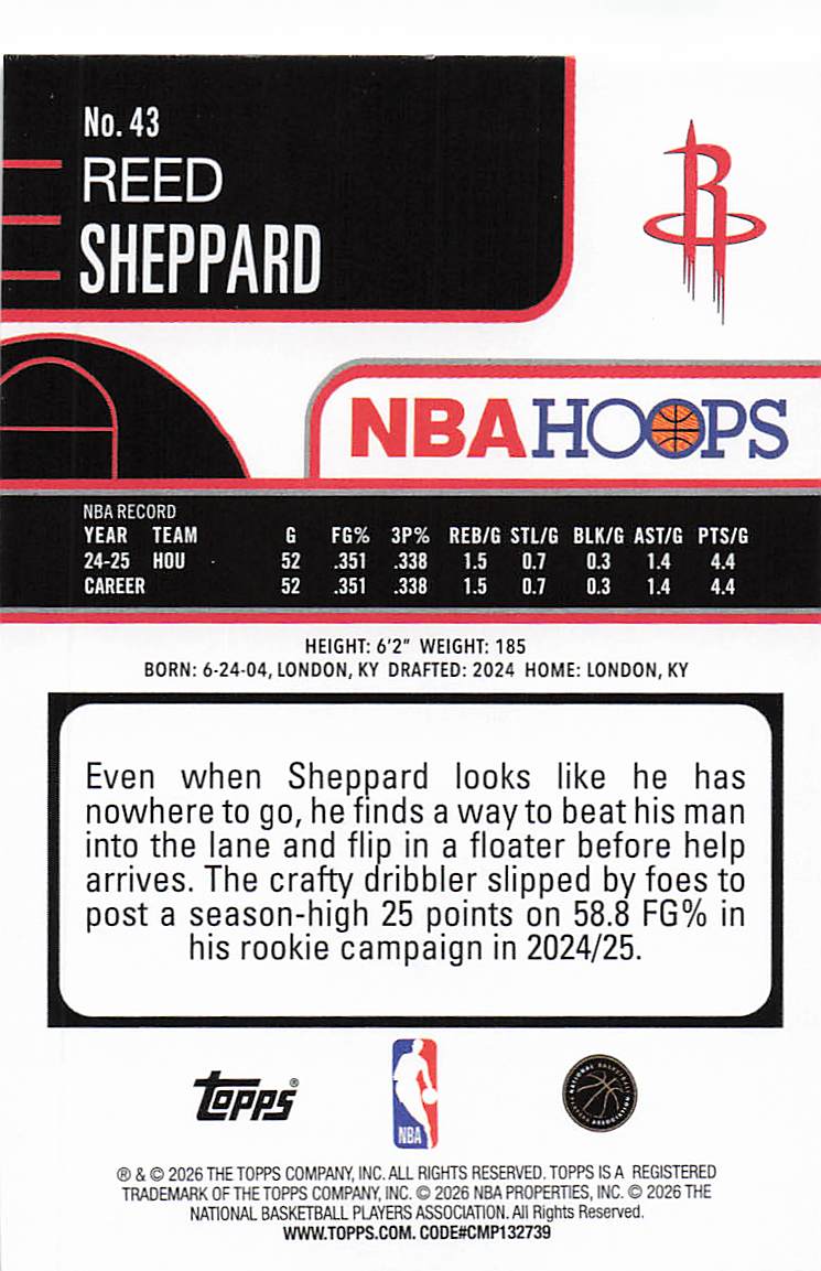 2025-26 Hoops Basketball Reed Sheppard #43