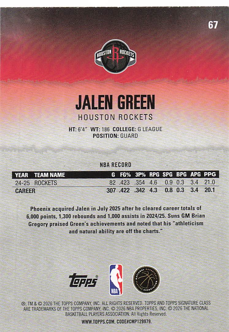 2025-26 Topps Signature Class Basketball Blue & Orange Jalen Green #67