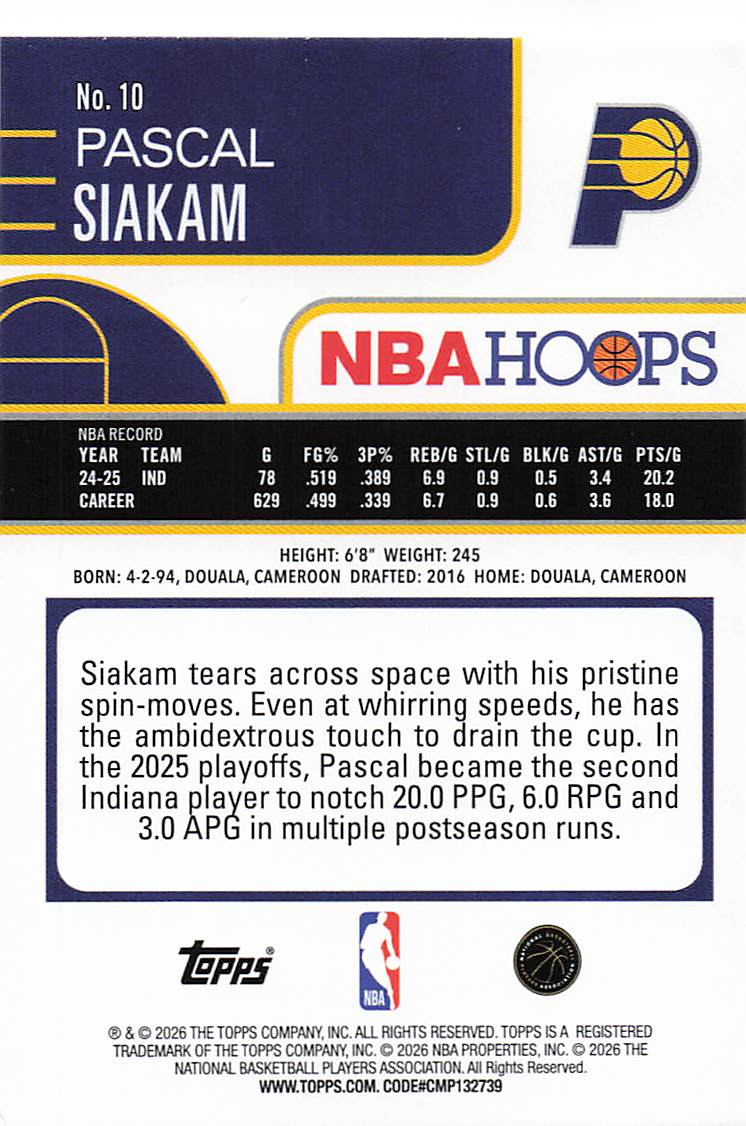 2025-26 Hoops Basketball Pascal Siakam #10