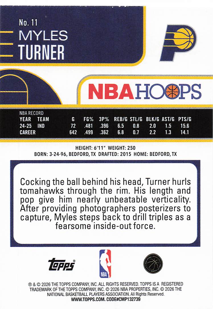 2025-26 Hoops Basketball Myles Turner #11