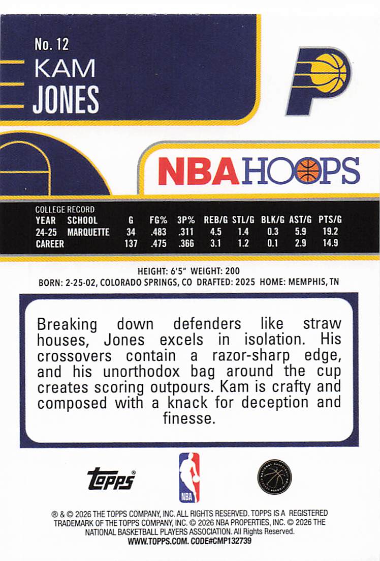 2025-26 Hoops Basketball Light Burst Kam Jones #12 Rookie