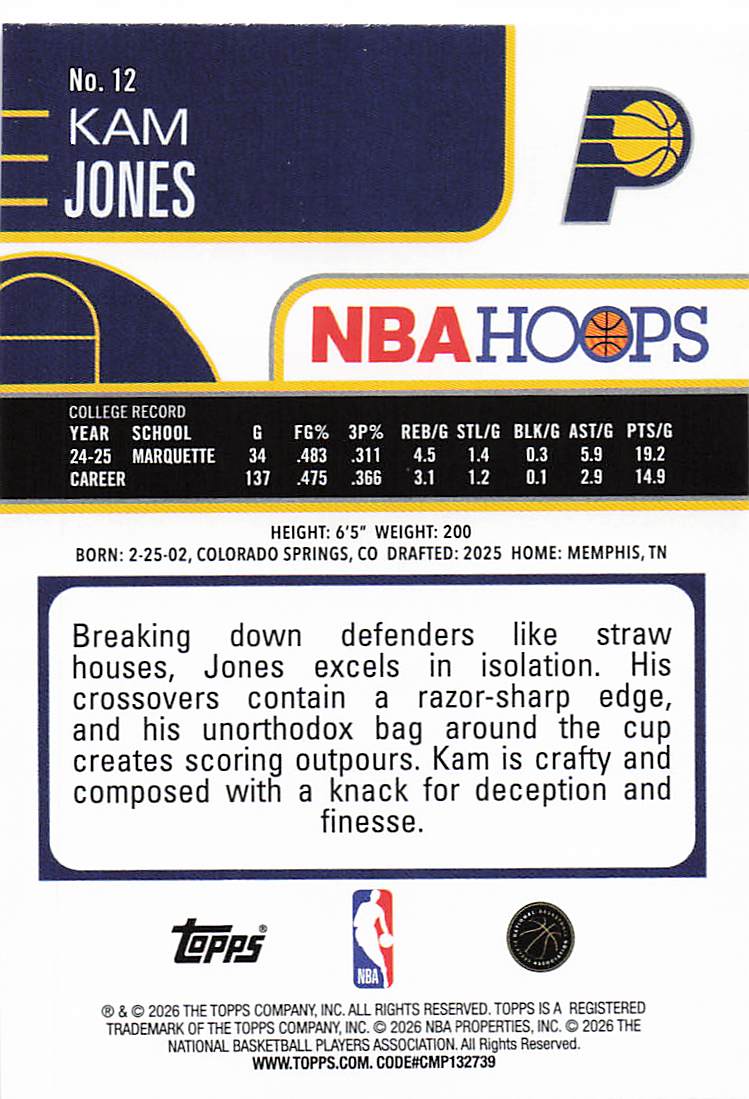 2025-26 Hoops Basketball Kam Jones #12 Rookie
