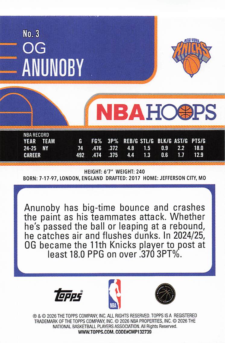 2025-26 Hoops Basketball OG Anunoby #3