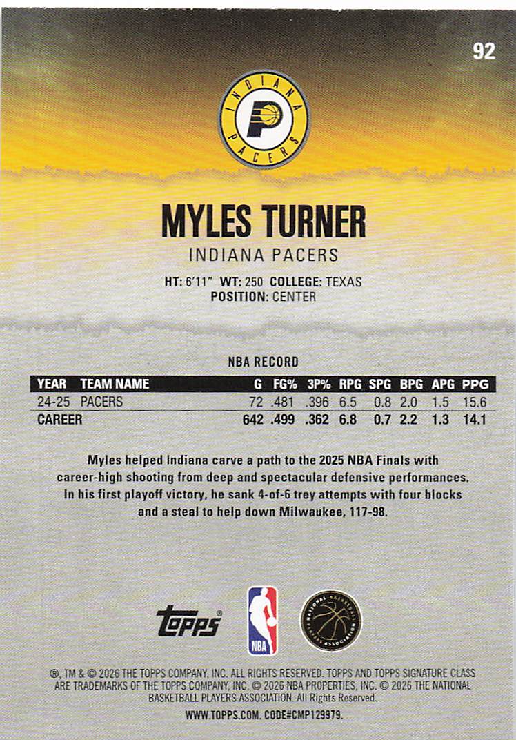 2025-26 Topps Signature Class Basketball Blue & Orange Myles Turner #92