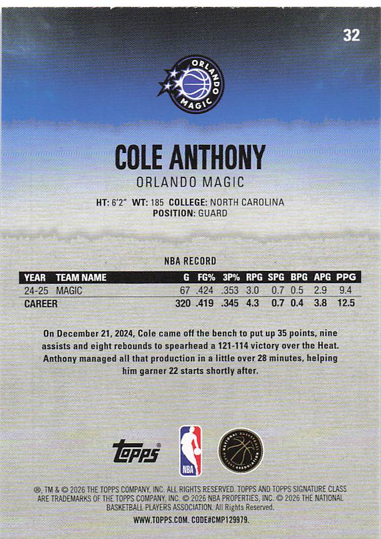2025-26 Topps Signature Class Basketball Blue & Orange Cole Anthony #32