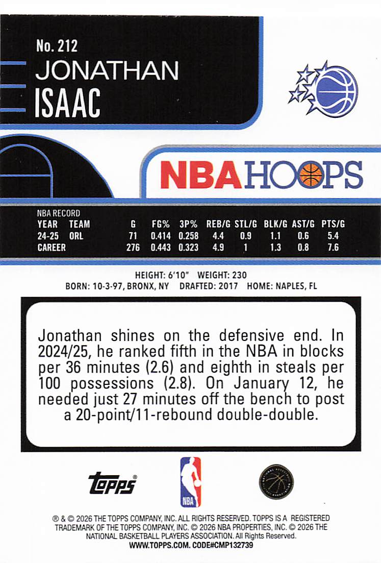 2025-26 Hoops Basketball Jonathan Isaac #212