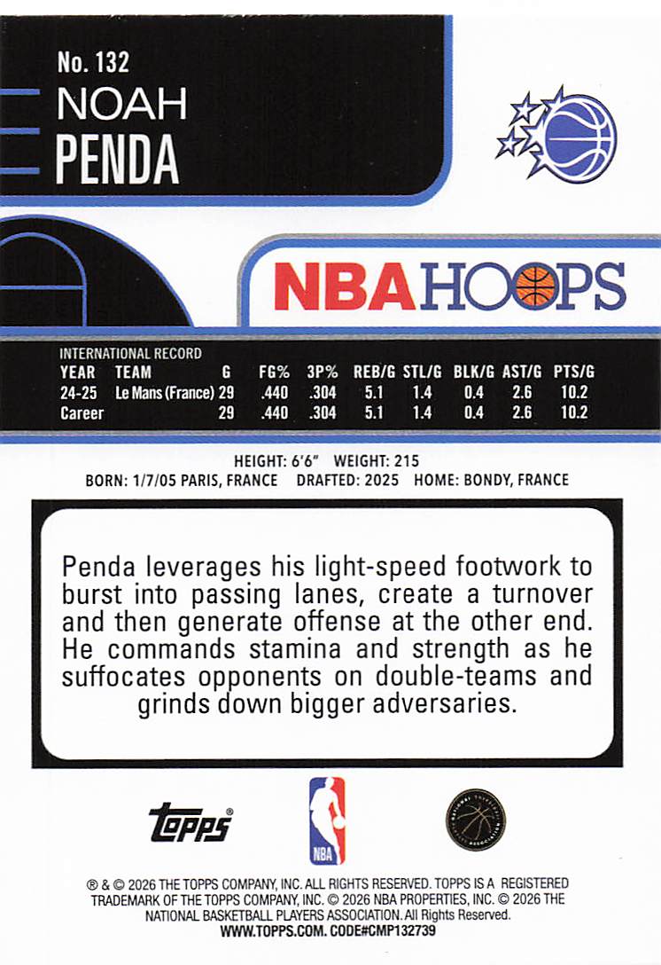 2025-26 Hoops Basketball Noah Penda #132 Rookie