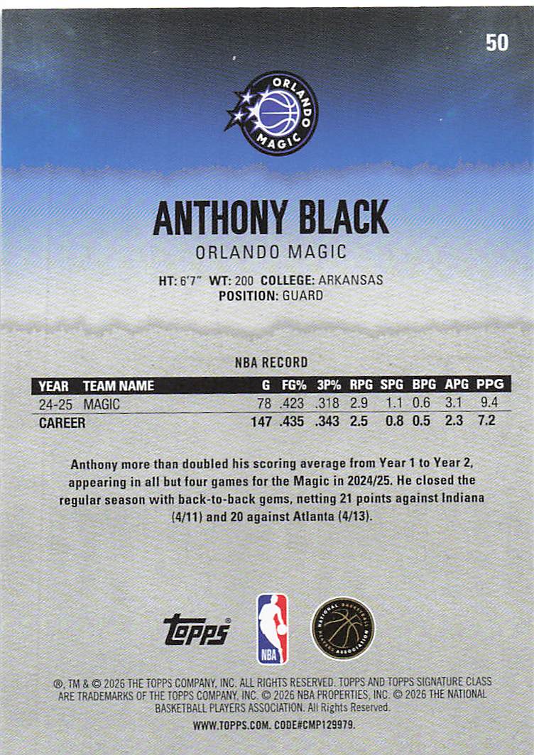 2025-26 Topps Signature Class Basketball Anthony Black #50