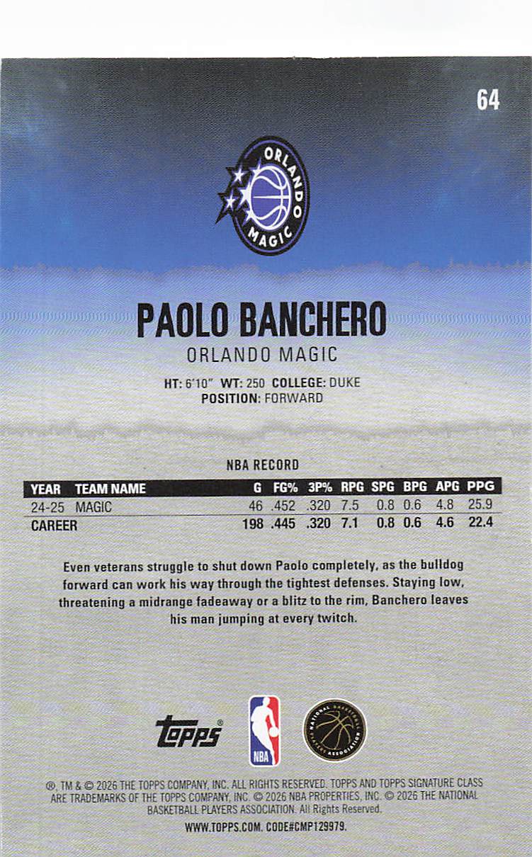 2025-26 Topps Signature Class Basketball Paolo Banchero #64