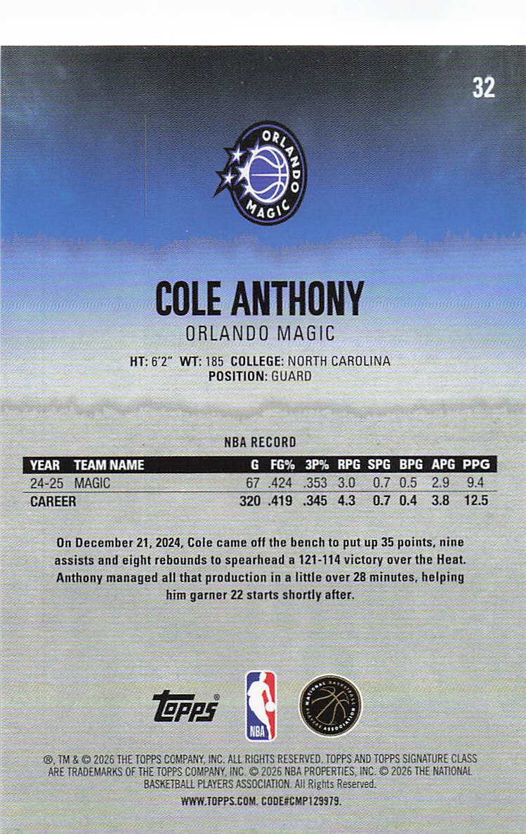 2025-26 Topps Signature Class Basketball Cole Anthony #32
