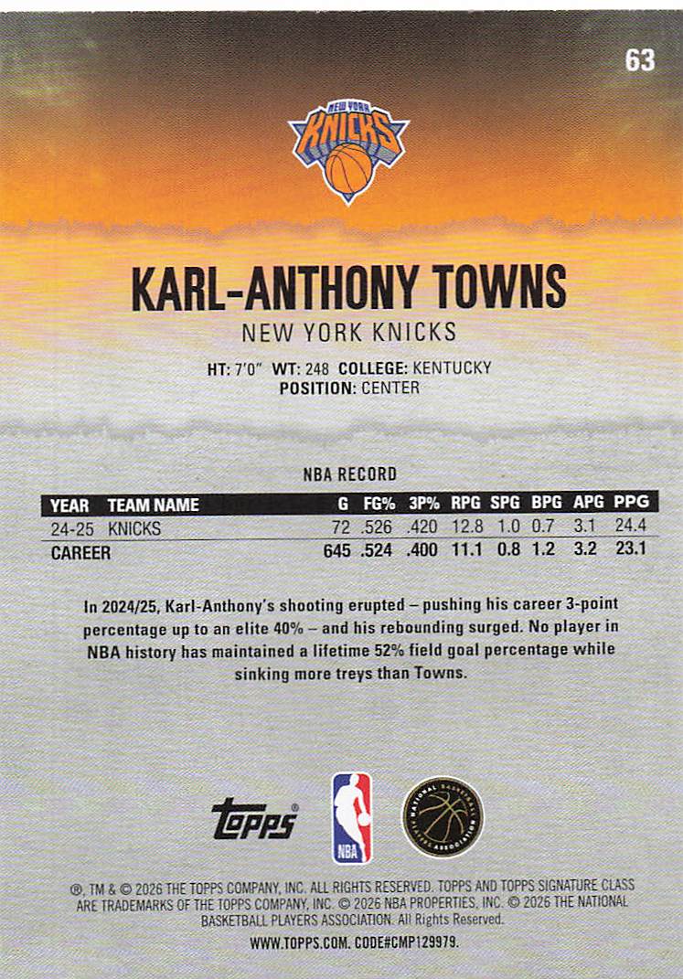 2025-26 Topps Signature Class Basketball Karl-Anthony Towns #63