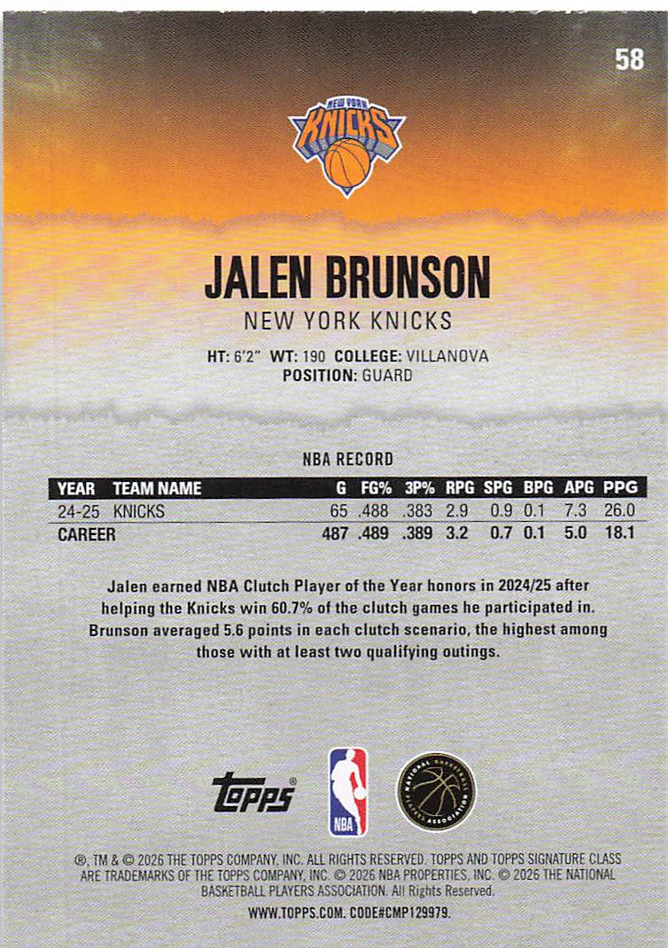2025-26 Topps Signature Class Basketball Jalen Brunson #58